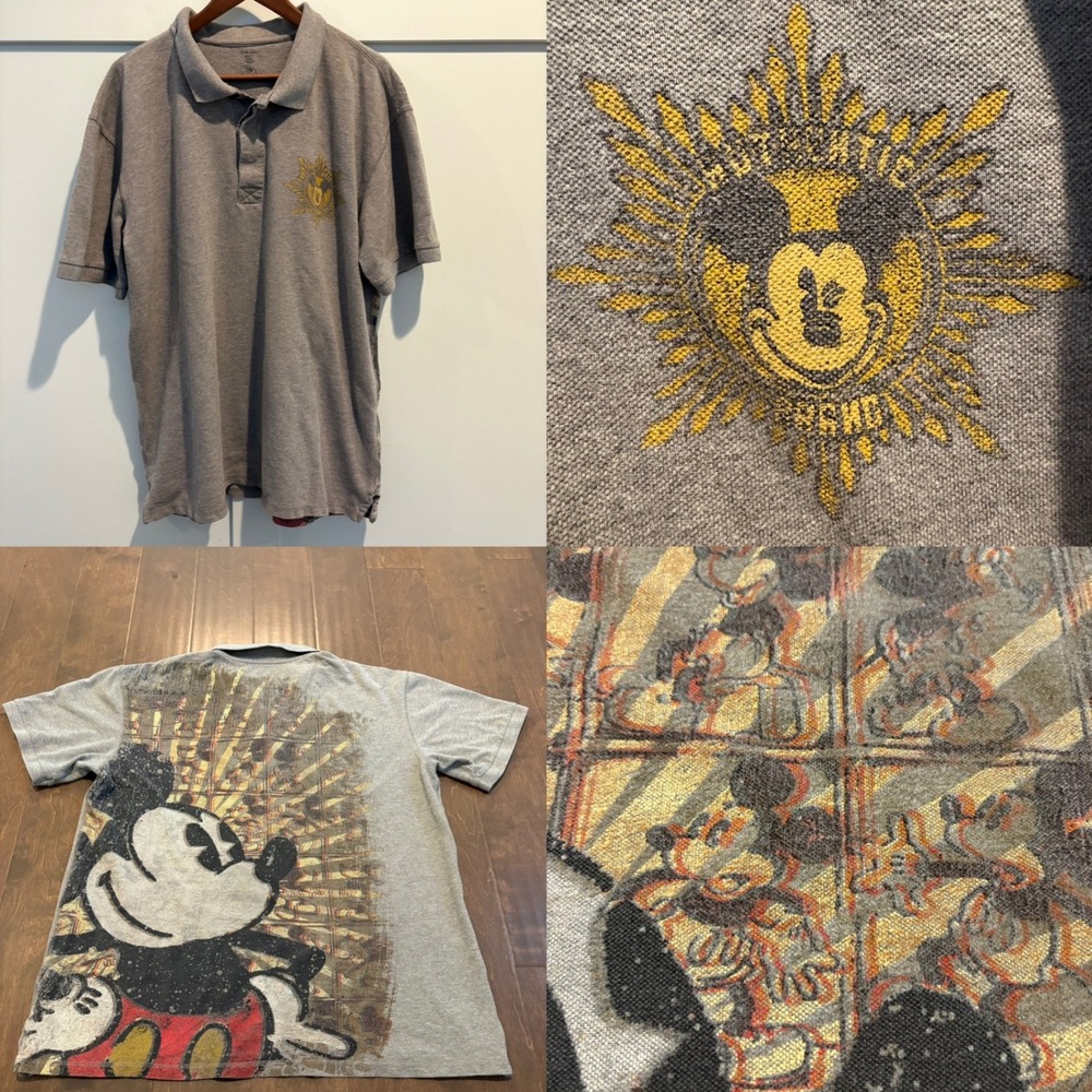 Disney‎ Store Mickey Mouse Polo Shirt Mens XL Gray Oversized Back Graphic Cotton